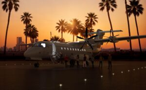 Heart Aerospace hybrid-electric demonstrator at sunset, surrounded by palm trees in LA